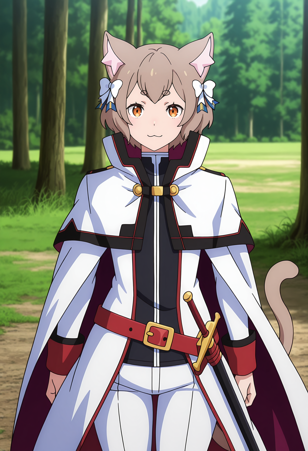 anime screencap, masterpiece, best quality,
<lora:ReZero_FelixArgyle_IlluXL:0.9>,
1boy, solo, closed mouth, :3, light smile,
short hair, brown hair, orange eyes, short eyebrows, cat ears, cat tail, hair bow, white bow,
high collar, long cape, two-sided cape, white coat, black jacket, long sleeves, loose belt, red belt, white pants,
sheathed, sword,
standing, looking at viewer, cowboy shot,
forest, grass, foliage, day, photo background, blurry background