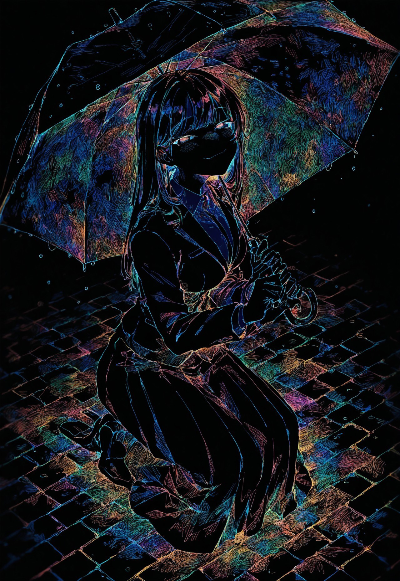 colorful, black background, hatching \(texture\),
kneeling, looking up at viewer,
light smile, smug, under umbrella, rain, sidewalk, formal, long skirt,
safe, masterpiece, best quality, absurdres