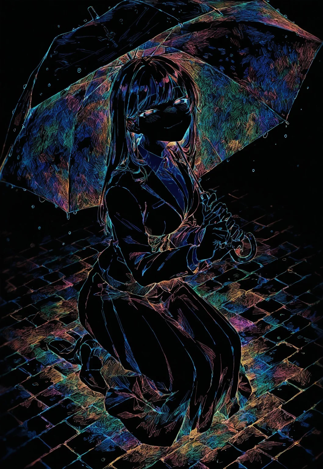colorful, black background, hatching \(texture\),
kneeling, looking up at viewer,
light smile, smug, under umbrella, rain, sidewalk, formal, long skirt,
safe, masterpiece, best quality, absurdres