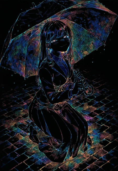 colorful, black background, hatching \(texture\),
kneeling, looking up at viewer,
light smile, smug, under umbrella, rain, sidewalk, formal, long skirt,
safe, masterpiece, best quality, absurdres