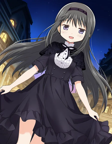 masterpiece, best quality, newest, absurdres, highres, safe, 1girl, akemi homura \(black dress\), magia record: mahou shoujo madoka magica gaiden, smile, open mouth, solo, night, outdoors, dutch angle, <lora:20241226152250_akemi_homura_noobaiXLNAIXL_vPred10Version:0.7>