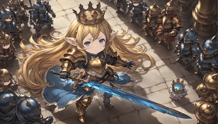 granblue_fantasy_style_xl, granblue, 1girl, armor, armored_boots, blonde_hair, blue_eyes, boots, charlotta_\(granblue_fantasy\), closed_mouth, crown, long headpiece, full_body, gauntlets, holding, holding_sword, holding_weapon, long_hair, pointy_ears, solo, standing, sword,,
shaded face, intricate detail, cinematic lighting, amazing quality, amazing shading, detailed Illustration, official artwork, wallpaper, extremely detailed eyes and face, beautiful detailed eyes, ((masterpiece, best quality)),
from above, chibi,
<lora:granblue_fantasy_style_xl:0.8>, <lora:extremely_detailed:0.8>, extremely detailed, <lora:add-detail-xl:0.8>, <lora:IOS_Iridescent_opal_style:0.6>