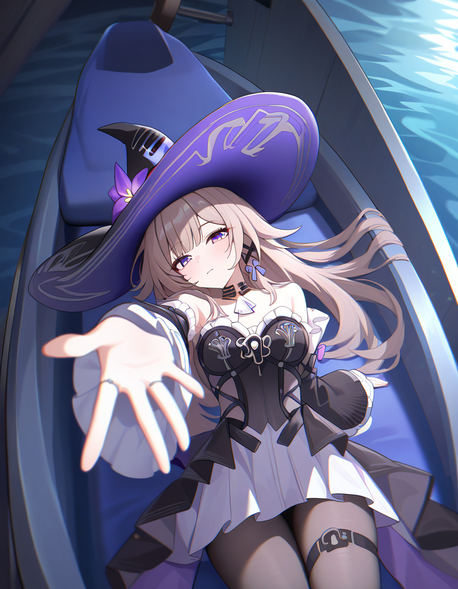 masterpiece, best quality, newest, absurdres, highres, safe,, <lora:the-herta-illustriousxl-lora-nochekaiser:1>, the herta, the herta (honkai: star rail), brown hair, long hair, purple eyes, medium breasts,, bare shoulders, black dress, black hat, detached sleeves, hat, hat flower, hat ornament, long sleeves, pantyhose, witch hat, jetty, water, boats, dock, narrow, , on back, arm support, arms up, incoming hug, pov, reaching, reaching towards viewer, looking at viewer, solo,, cowboy shot, solo