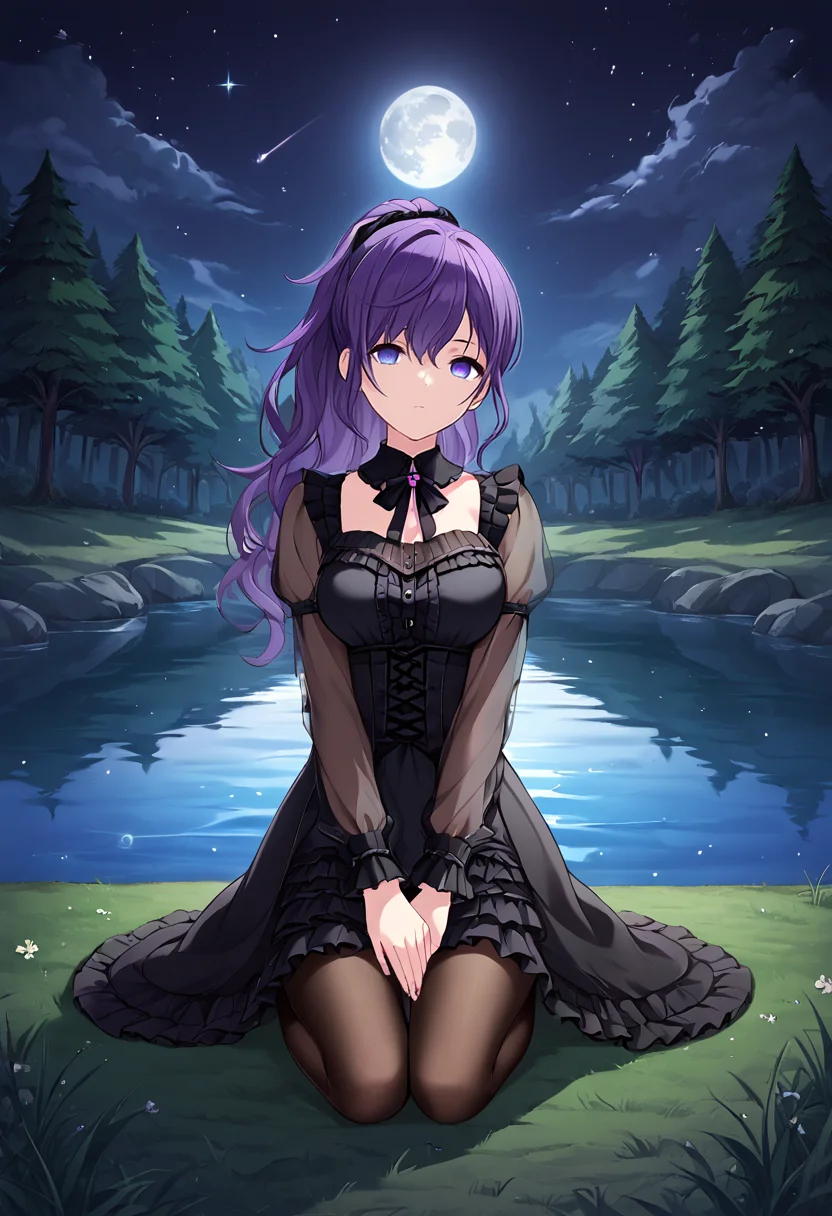 asahina_mafuyu,  purple hair, long hair, ponytail, purple eyes, blue eyes, gradient eyes, official art, medium breasts, dark clothes, gothic, black tights, translucent tights, skirt, frown, lifeless eyes, empty eyes, gothic dress, frills
BREAK
solo, cowboy shot, looking at viewer, wariza, w sitting, 1girl, forest, park, lake in background, midnight, moon, shooting stars, night, dark
BREAK
best quality, masterpiece,score_9, score_8_up, score_7_up, perfect hand, , source_anime, zPDXL,  <lora:Asahina_Mafuyu:0.8>, <lora:Wariza__Concept_Lora:0.8>