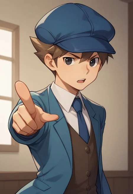 score_9, score_8_up, score_7_up, source_anime, highly detailed,
clive, solo, male focus, 1boy, hat, brown hair, upper body, pointing at viewer, open mouth, necktie, black eyes, blue headwear,
blue necktie, jacket, vest,
indoor, forniture,