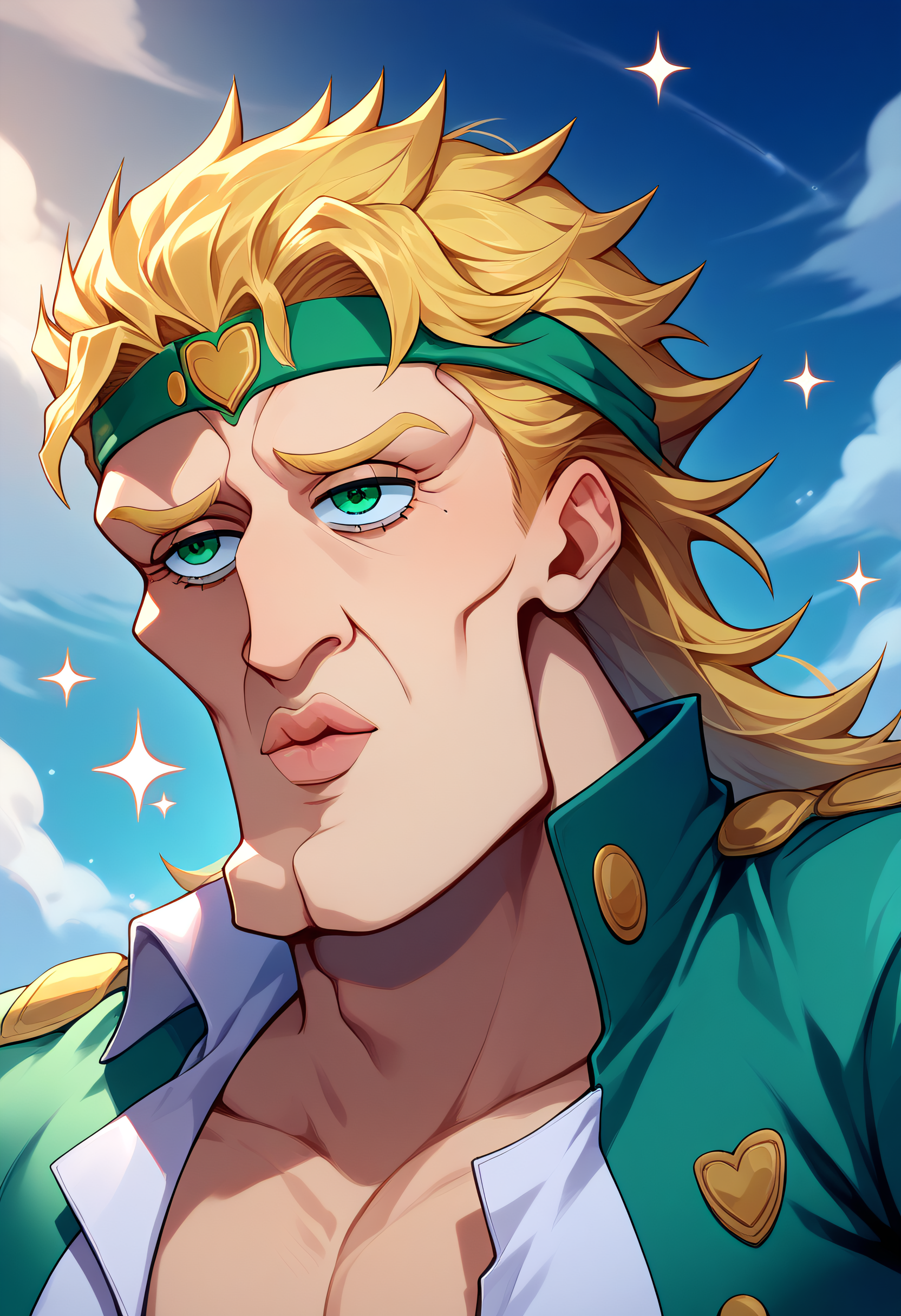 score_9, score_8_up, score_7_up, BREAK <lora:handsomize_x_pdxl_v1:1> handsomize, kujo jotaro, dio brando, jojo no kimyou na bouken, blonde hair, green headband, sparkle