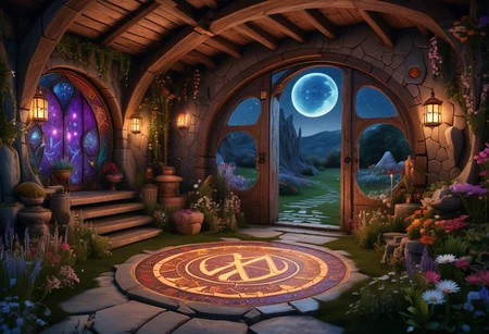 award winning, (professional photo) of (spacious fantasy cavern home) with ancient runes, tiled roof with dragon scales, Wooden walls, small round windows with colorful panes, heavy wooden door with runic carvings, glowing crystals hanging herbs and flowers, fairy lights enchanted armor, located in a starlit meadow, where the flowers seem to glow under the light of the stars and the air is cool and refreshing, filled with the scent of night-blooming flowers, under a starry night sky, , creative, beautiful, vibrant, masterpiece, 64k, UHD, HDR, full view, atmospheric lighting, extremely detailed