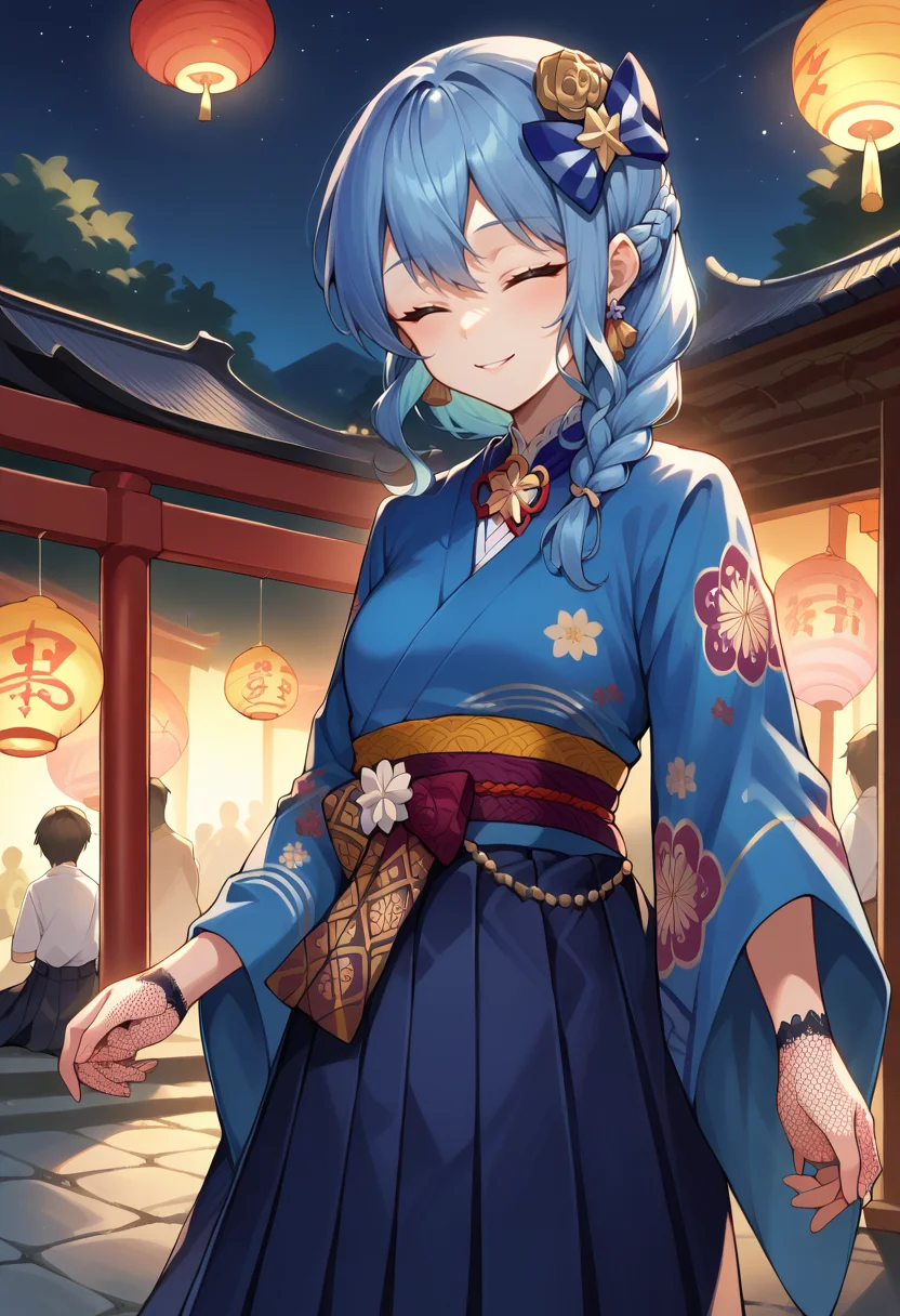 score_9, score_8_up, score_7_up, SuiseiKimono, twin braid, blue kimono, flower print, sash, hakama skirt, fishnet gloves, outdoors, shrine, festival, night, paper lanterns, eyes closed, smile, <lora:CHAR-HoshimachiSuiseiPonyXL:1>
