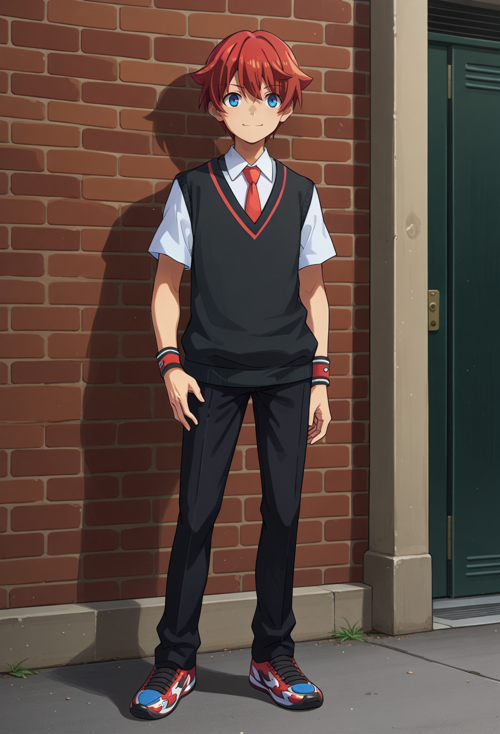 score_9, score_7_up, source_anime, BREAK  <lora:AEYuta:1> aeyuuta, blue eyes,red hair, short hair, collared shirt, red necktie, short sleeves, sweater vest, wristband, black pants, red footwear, sneakers, light smile, standing, hand up, hand on own hip, facing away, twisted torso,