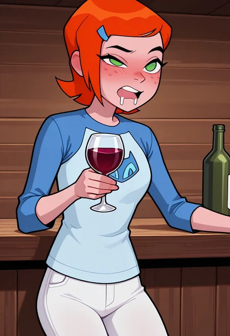((screencap, cartoon)) , masterpiece, best quality, amazing quality, very aesthetic, absurdres, newest,
gwenov, orange hair, 1girl, freckles, shorthair, green eyes, solo,
raglan sleeves, hairclip, white pants, blue shirt,
at bar, drunk, holding wine cup, uneven eyes, lazy eye, drunk symbols, tilted view, drooling, bottle of wine, wooden walls, wooden bar,