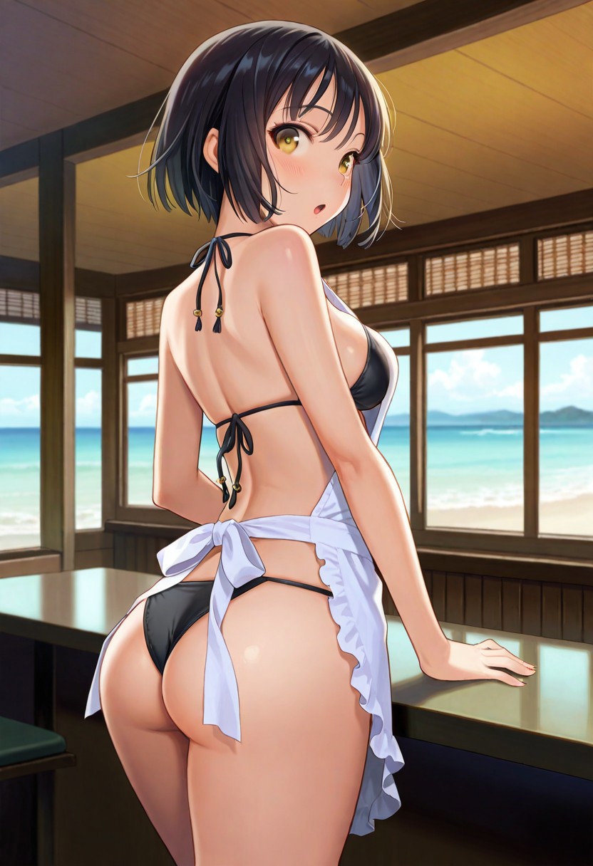 Solo, 1girl, female, black hair, yellow eyes, medium breasts, black string bikini, ass, white apron, BREAK indoors, beach restaurant, colorful, from behind, looking back, blush, :O, BREAK ((ultra-detailed)), ((best quality)), ((best quality)), ((beautiful eyes)), ((extremely detailed)), 4K, (8K), best quality, (beautiful), Master piece, highres, best quality, official art, highres, masterpiece, detailed background, high quality background,