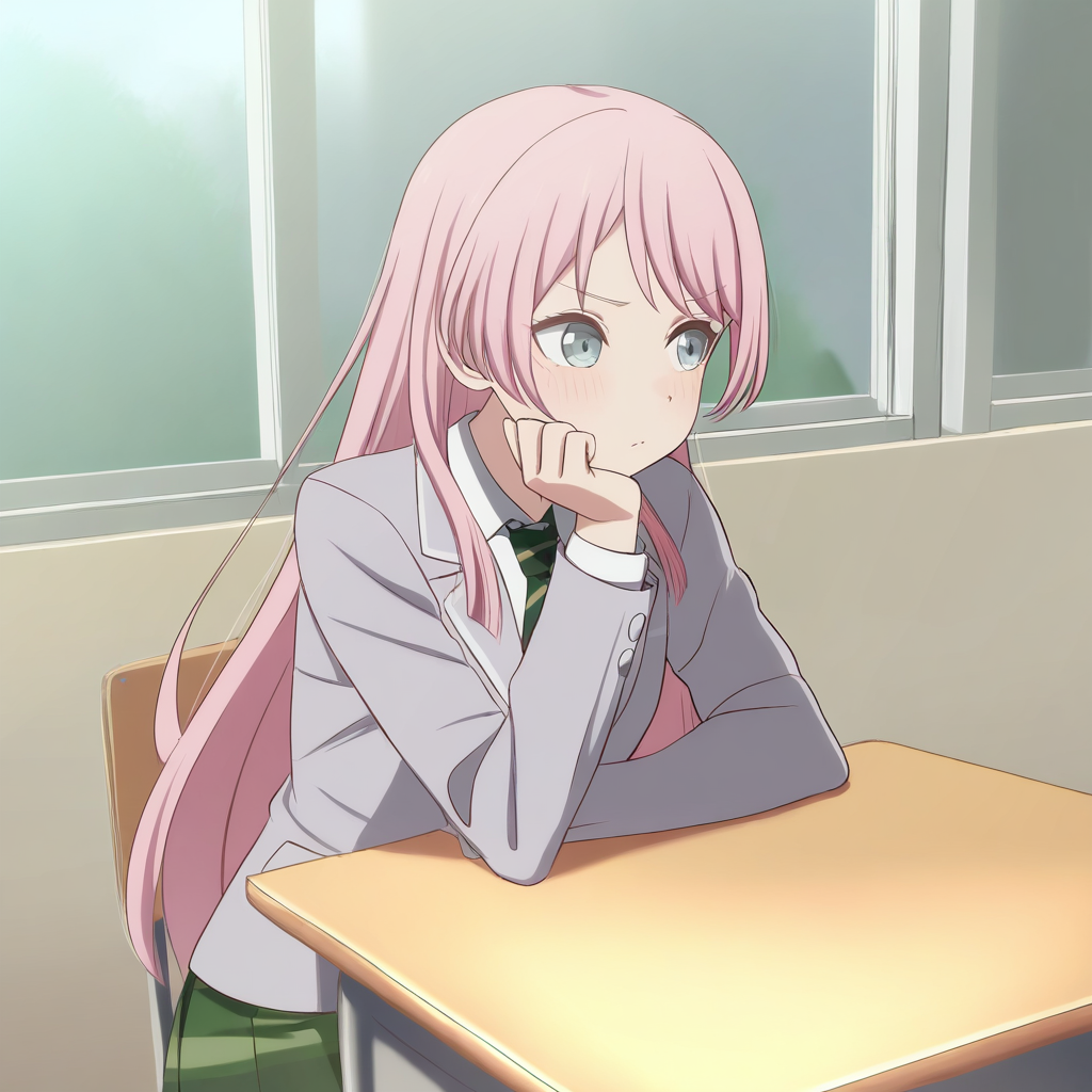 chihaya anon, 1girl, solo, haneoka school uniform, green plaid pleated skirt, grey blazer, long sleeves, white shirt, green diagonal-striped necktie, <lora:chihaya_anon_IlluXL:0.8>, hand on own face, looking to the window, sitting, classroom, desk, arms on desk,, best quality, masterpiece,highres,