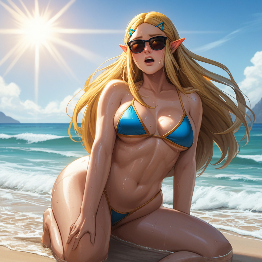 source_anime, colorful, score_9, score_8_up, score_8, 1girl, Princess Zelda, N44V5STYL3V1, BREAK, 1woman, long hair, milf, (detailed face), (detailed skin), detailed eyes, curvy, perky breasts, swimsuit, sunglasses, flushed skin, blushing, shiny skin, sweat, beach, sand, waves, water, sunlight