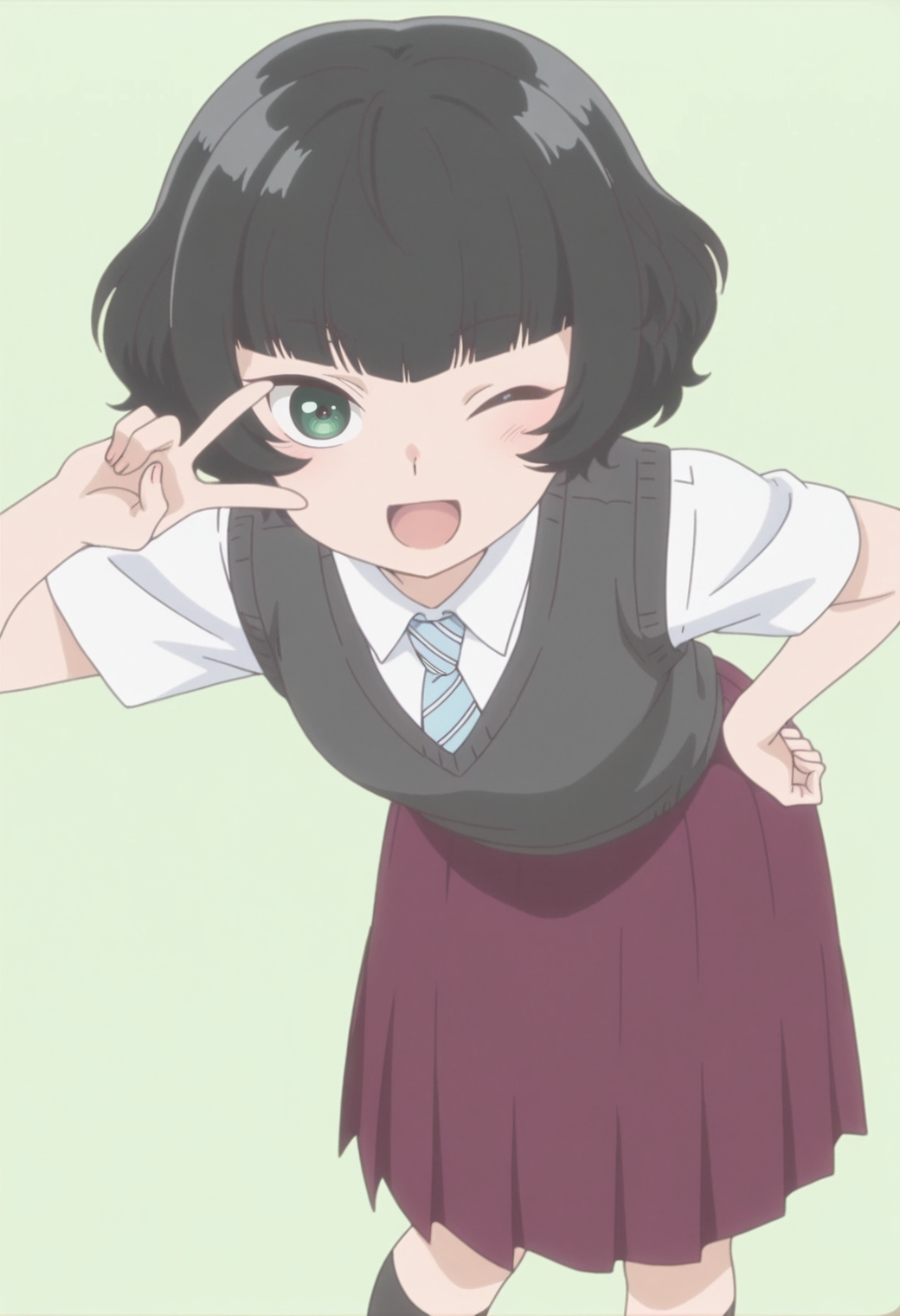 anime screencap, anime coloring,   <lora:DX888Hitoha:1> hongou hitoha, green eyes, black hair,short hair, blunt bangs, BREAK school uniform, white shirt, striped necktie, sweater vest, skirt, socks,  BREAK simple background,  green background, BREAK  1girl, ;d, hand on own hip,  leaning forward, looking at viewer, one eye closed, open mouth, smile, solo, standing, v, v over eye,