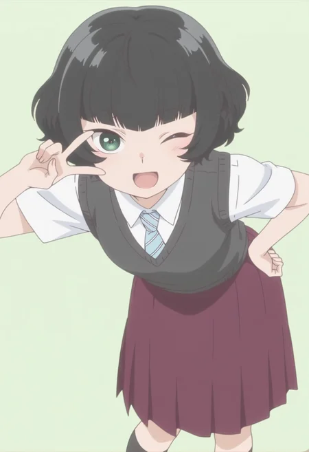 anime screencap, anime coloring, <lora:DX888Hitoha:1> hongou hitoha, green eyes, black hair,short hair, blunt bangs, BREAK school uniform, white shirt, striped necktie, sweater vest, skirt, socks, BREAK simple background, green background, BREAK 1girl, ;d, hand on own hip, leaning forward, looking at viewer, one eye closed, open mouth, smile, solo, standing, v, v over eye,