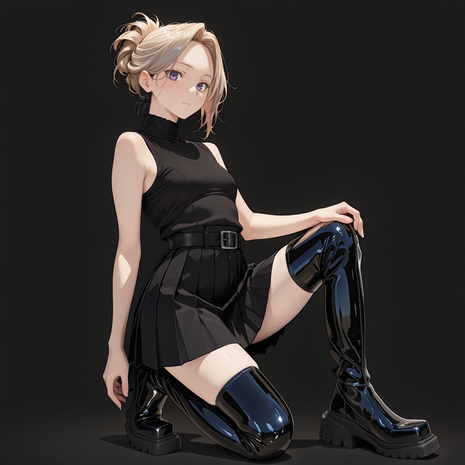 5ugarcu8e,full body,1girl,solo,looking at viewer,black sleeveless turtleneck,black pleated skirt,belt,black belt,belt buckle,on one knee,knee up,confident,hair up,parted bangs,forehead,simple background,(white background:1.4),masterpiece,best quality,amazing quality,<lora:Norakura_Style:1>,n0rakura,from side,<lora:SUGARCUBEâ¡_Ill_epoch_10:1>,pvc,thigh boots,square toe,black footwear,shiny footwear,