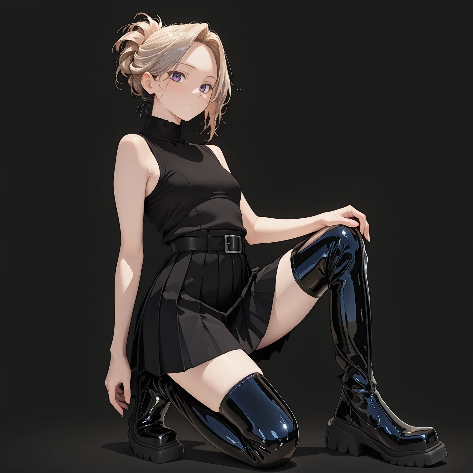 5ugarcu8e,full body,1girl,solo,looking at viewer,black sleeveless turtleneck,black pleated skirt,belt,black belt,belt buckle,on one knee,knee up,confident,hair up,parted bangs,forehead,simple background,(white background:1.4),masterpiece,best quality,amazing quality,<lora:Norakura_Style:1>,n0rakura,from side,<lora:SUGARCUBEâ
¡_Ill_epoch_10:1>,pvc,thigh boots,square toe,black footwear,shiny footwear,