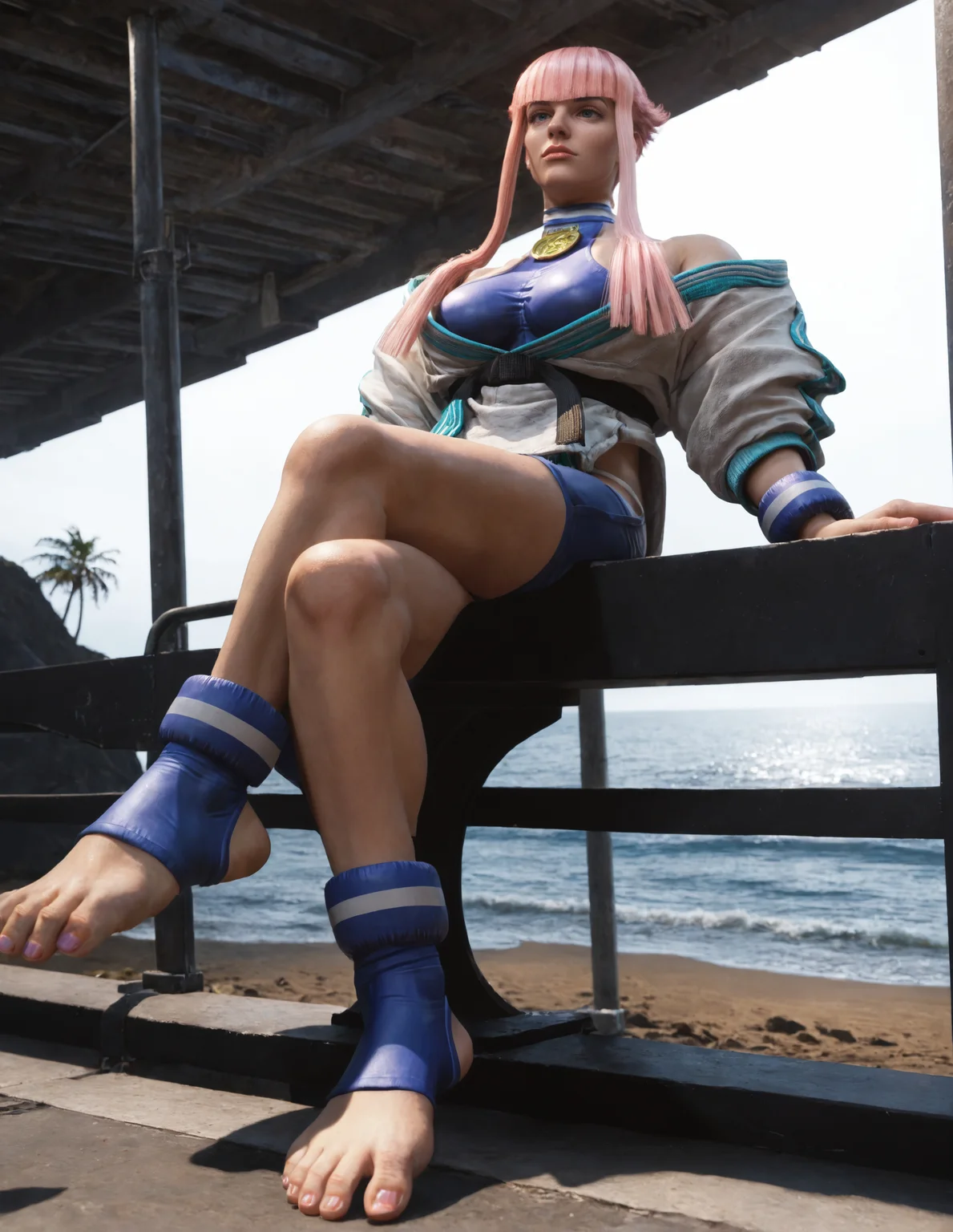 score_9, score_8_up, score_7_up,score_6_up,high resolution,mnon,mnon hair,3d,photo,realistic,pink hair,1girl,solo,full body,bodysuit,jacket,toeless legwear,bracelet,at beach,volumetric lighting,rim lighting,dof,dramatic shadow,chiaroscuro,sitting on a rail,crossed legs, from below