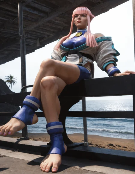 score_9, score_8_up, score_7_up,score_6_up,high resolution,mnon,mnon hair,3d,photo,realistic,pink hair,1girl,solo,full body,bodysuit,jacket,toeless legwear,bracelet,at beach,volumetric lighting,rim lighting,dof,dramatic shadow,chiaroscuro,sitting on a rail,crossed legs, from below