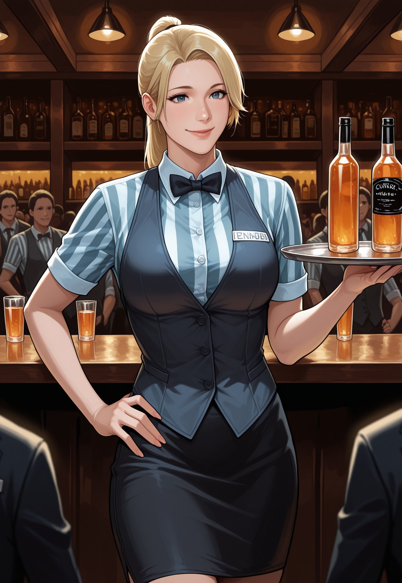 masterpiece, best quality, detailed, realistic, cowboy shot, smile, 1girl, solo focus, Cindreo, blonde hair, ponytail, striped shirt, vest, skirt, bowtie, name tag, bar, at night, bottles, people, hand on hip, holding tray, drinks,