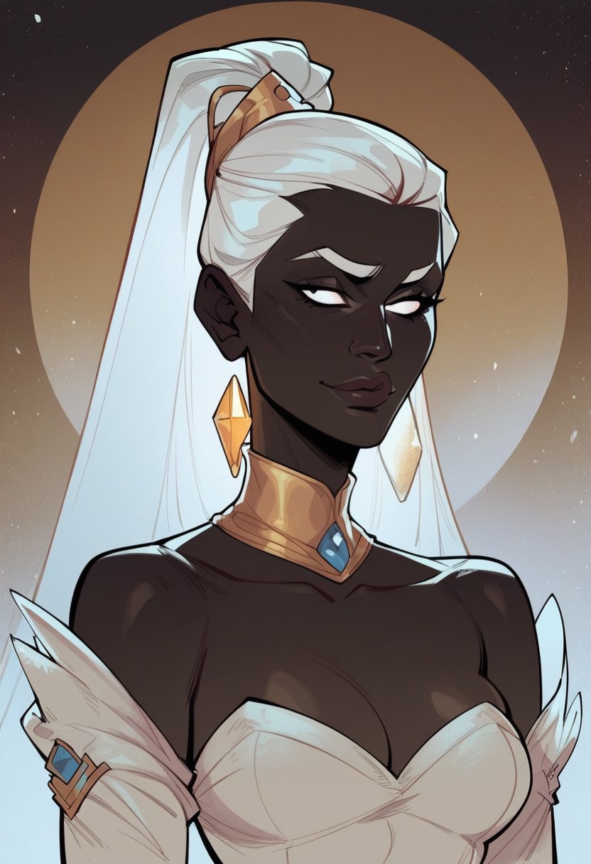 score_9, score_8_up, score_8, score_7_up, score_7, score_6_up, score_6, score_5_up, Score_5,human female, obsidian black skin, onyx black skin, round eyes, white eyes, small eyes, beautiful face, aesthetic face, narrow face, narrow nose, long nose, round ears, white eyebrows, long white hair, high ponytail, very tall, curvy, elegant, royal, aristocratic, majestic, chin up, seductive smile, slender. Silver jewelries. White jewelries. Blue jewelries. Lots of jewelries. White bracers, tight white dress,, vox machine style, 1girl, female focus, solo, portrait,   background of snow-covered landscape, fantasy, (dynamic lighting:1.1)
((masterpiece))