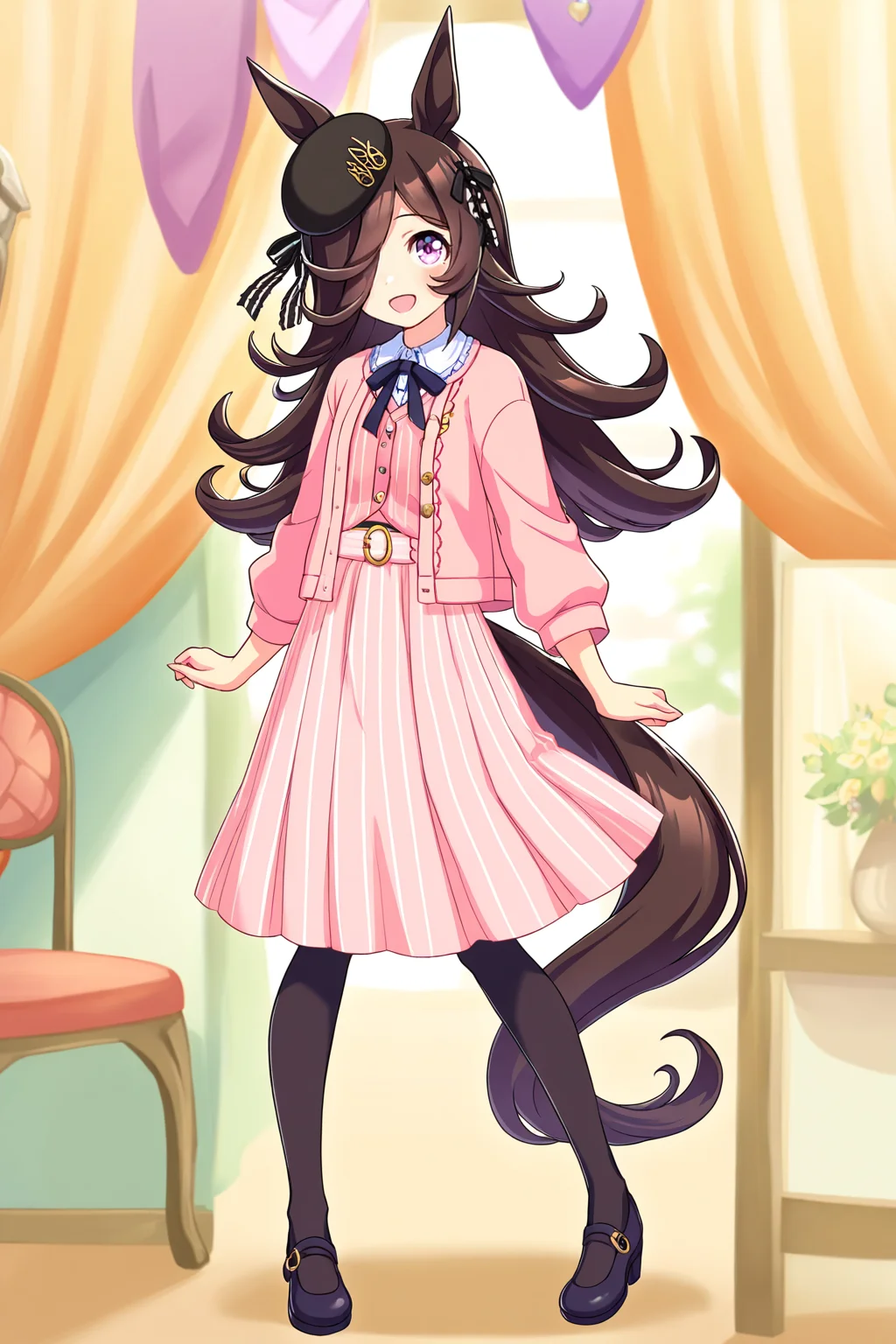 masterpiece,best quality,very aesthetic,absurdres,highres,newest,official art,official style,
1girl,solo,
rcs casual2,rice shower (umamusume),
animal ears,bangs,beret,black headwear,black pantyhose,black ribbon,
blurry,blush,brown hair,collared shirt,eyebrows visible through hair,
hair over one eye,hat,horse ears,horse girl,horse tail,jacket,long hair,long sleeves,
pink cardigan,pink dress,pink jacket,pink vest,pink skirt,purple eyes,ribbon,shirt,
skirt,striped,striped shirt,tail,tilted headwear,vertical stripes,vertical-striped skirt,
violet eyes,
standing,full body,
<lora:umamusume_rice_shower2_ill_v1.0:1>,