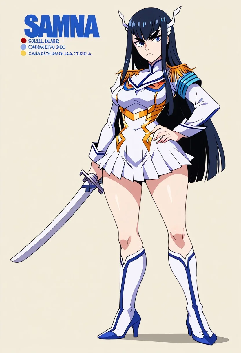 score_9, score_8_up, score_7_up, score_6_up, simple background, character sheet, looking at viewer, full body, 1girl, solo, character sheet, reference sheet, screencap ,MirandaPXL,1girl, solo, Kiryuuin Satsuki, long hair, blue eyes, white uniform, kuudere, cute, indoors, big breasts, seductive, thighs, legs, wide hips, one hand in hip, one hand with a katana