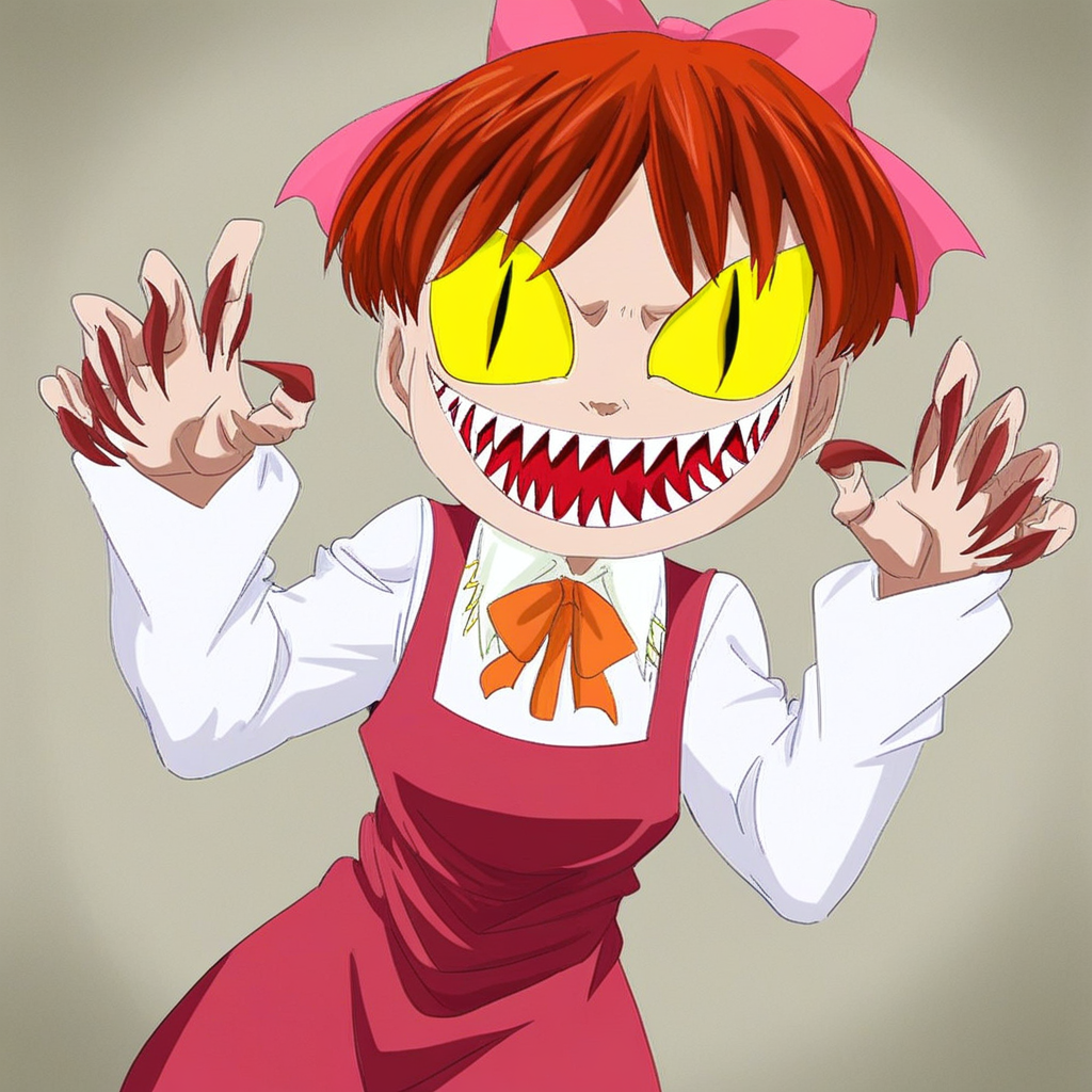 1girl, solo, neko2007, auburn hair, pink bowtie hair, feline eyes, fangs, sharp fingernails, sharp teeth, yellow eyes, pink shoes, dark red pinafore dress, tsurime, white long-sleeve collared shirt, brown neck bowtie, looking at viewer, smile, opened mouth, front view, dark pink background