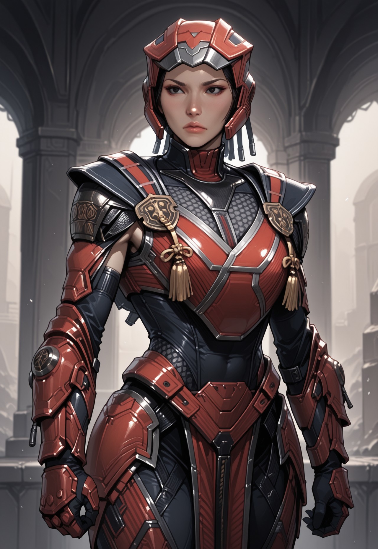 masterpiece, best quality, detailed, realistic, cowboy shot, serious, 1girl, solo, sektor, Helmet, black eyes, lips, Black bodysuit, shoulder armor, breastplate, gauntlets, gloves, leg armor, pelvic curtain,