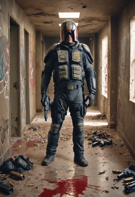 1 man,  judge dredd wearing helmet, shooting big gun in dirty apartment building hallway, scowling, full body, body armor, big gun, bullet casings, smoke, graffiti, trash on ground, bullet damage, blood on ground, bullet holes, fire, dynamic lighting, extreme high quality, gritty, jdgdrdd