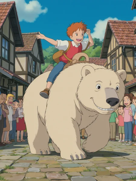 A young boy with bright orange hair and a mischievous grin is riding on the back of a large, fluffy bear through the village. The bear has a thick white coat and moves gracefully through the cobbled streets. The villagers watch in surprise and amusement. The sky is clear, and the village is alive with activity. The camera is at eye level, capturing the joyful boy and the bear as they move through the village.