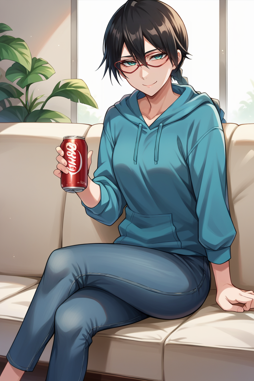 score_9, score_8_up, score_7_up, score_6_up, source_anime BREAK 1girl, solo <lora:yadoumarulisa-pdxl-nvwls-v1-000005:1> yadoumarulisa, black hair, aqua eyes, single braid, glasses, blue hoodie, jeans, crossed legs, holding soda can, couch, sitting on couch, living room, smile, tired