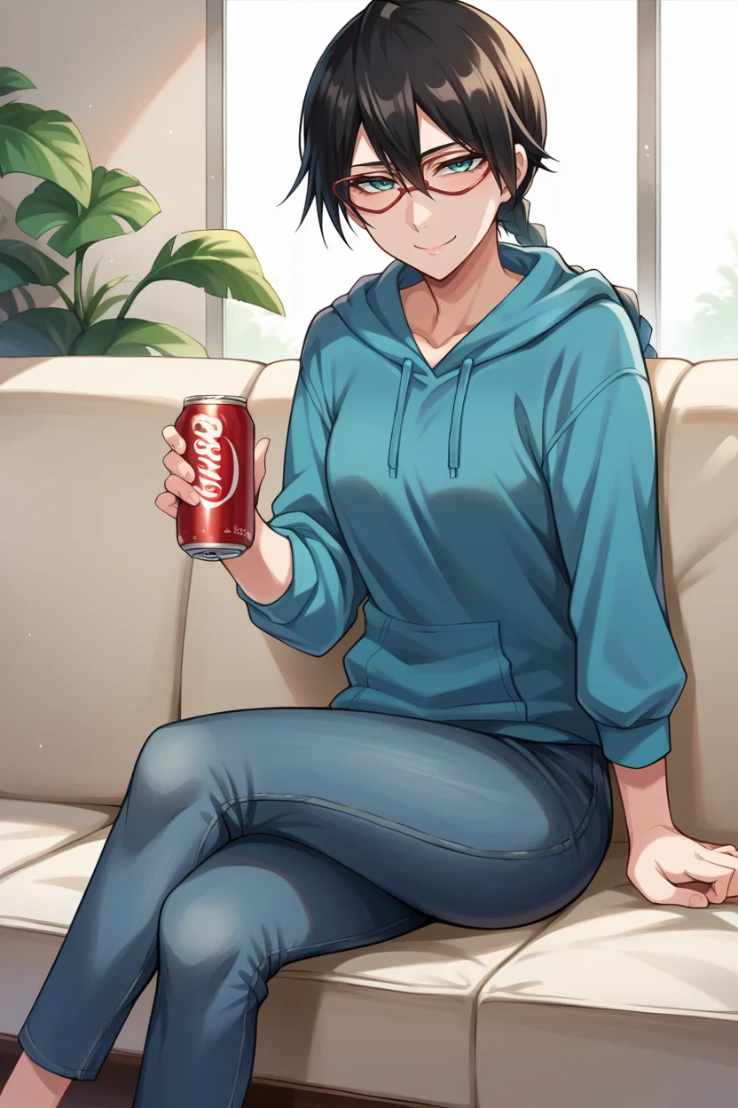 score_9, score_8_up, score_7_up, score_6_up, source_anime BREAK 1girl, solo <lora:yadoumarulisa-pdxl-nvwls-v1-000005:1> yadoumarulisa, black hair, aqua eyes, single braid, glasses, blue hoodie, jeans, crossed legs, holding soda can, couch, sitting on couch, living room, smile, tired