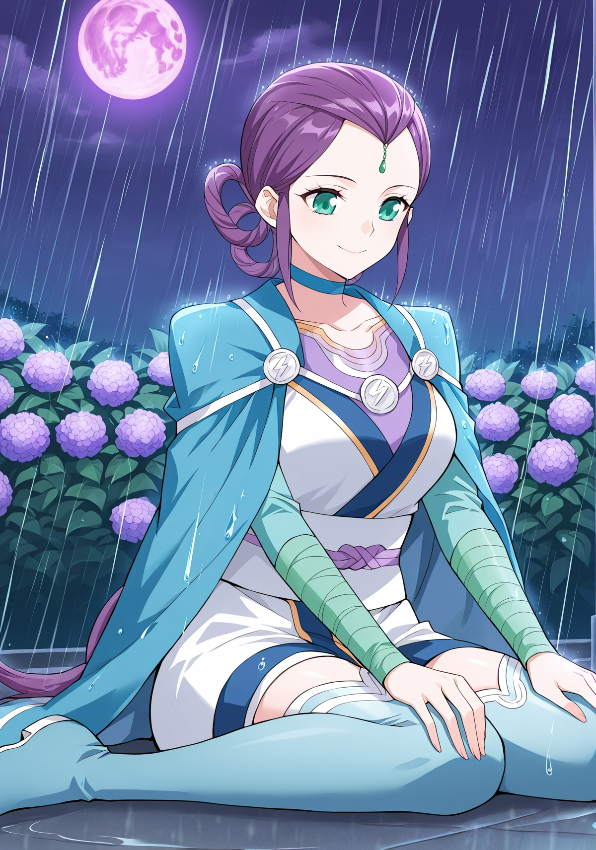 <lora:Feng_Qing_Er__Battle_Through_the_Heavens__Illustrious:1>
1girl, solo, purple hair, braided bun with hair tail, hair rings, hair bun, side bangs, forehead jewel, green eyes, anime style, blue and white outfit, oriental dress, short dress, battle robe, split sleeves, shoulder cape, high collar, gold accents, sash belt, blue thighhighs, thigh-high boots, zigzag trim, symbol buttons, gemstone accessory, martial artist, blue choker
score_9, score_8_up, score_7_up, very aesthetic, source_anime, detailed, high quality, beautiful, detailed eyes, masterpiece, best quality, absurdres, perfect anatomy, 1girl, solo, wariza, sitting, hands on own knees, garden background, charming smile, rain, night, purple moon