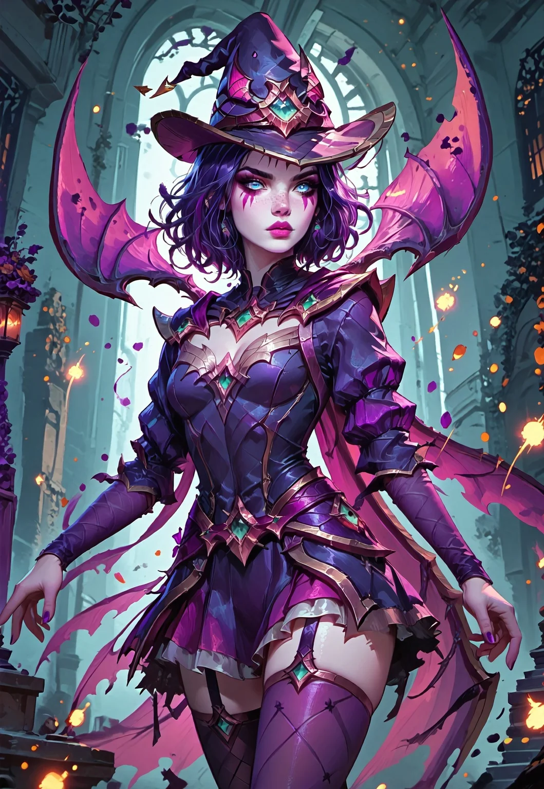 ((zPDXL3)), ((masterpiece,best quality, highly detailed)), ((score_9)), score_8_up, score_7_up, score_6_up, score_5_up, score_4_up, Digital painting style, brushstrokes, ((EnhanceImage)), solo, 1girl, LeBlancBXL, white skin, colored skin, makeup, blue eyes, purple hair, multicolored hair, short hair, witch hat, medium breasts, cape wings, cleavage, purple dress, detaches sleeves, purple sleeves, purple skirt, purple thighhighs, purple high heels, Expressiveh, 30yo, adult lustful confident woman, petite, slender body, perky saggy natural breasts, full lips, bangs, sidelocks, straps,
chinese magical sorceress, animated, swirling magic, wisps of magic, dancing pose, tight squeezed outfit, magical accessories, evoking motion, conveying motion, dynamic splash art,
<lora:PainterlyFantasiaPDXL:0.6>,