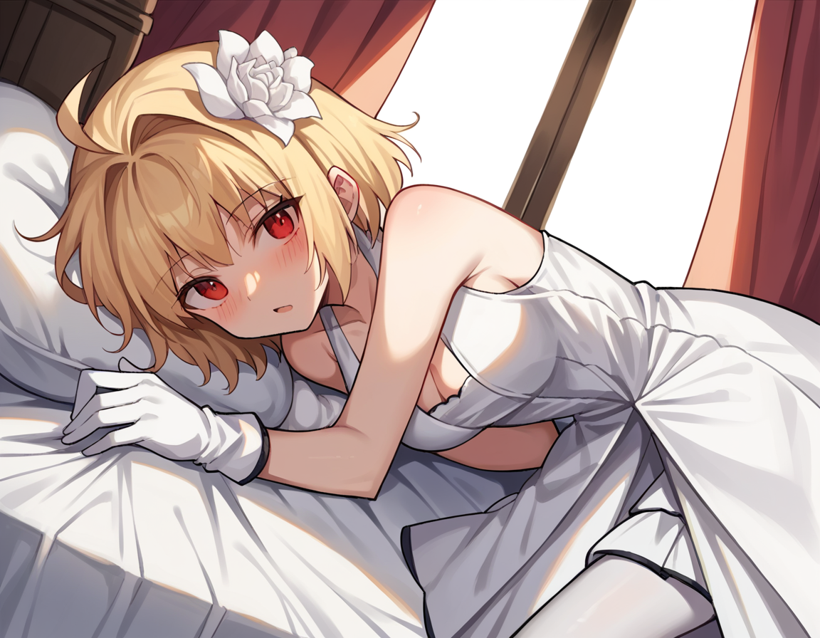 score_9, score_8_up, score_7_up, source_anime, <lora:arcueid-brunestud-10th-anniversary-ponyxl-lora-nochekaiser:1>, arcueid brunestud, blonde hair, red eyes, short hair, ahoge, hair intakes,, medium breasts, hair ornament, gloves, dress, cleavage, bare shoulders, flower, pantyhose, white gloves, hair flower, white dress,, indoors, bed, bed room, on side, blush, drunk, looking at viewer, solo,, cowboy shot, dutch angle