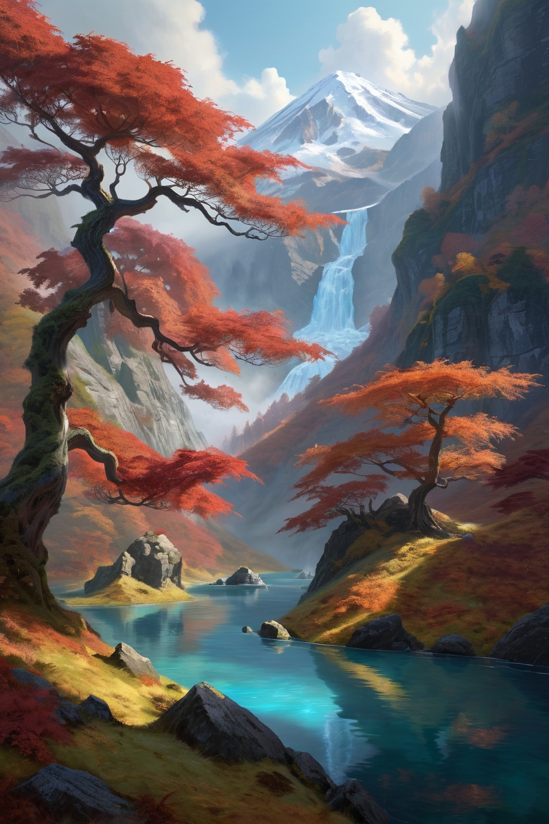 Japanese maple gorge where autumn fires cascade down volcanic slopes, frozen lake,  midday,weather misty on the bed cinematic view, epic sky, detailed, concept art, medium angle, high detail, warm lighting, volumetric, godrays, vivid, beautiful, trending on artstation, by jordan grimmer, huge scene, grass,flower, art greg rutkowski,