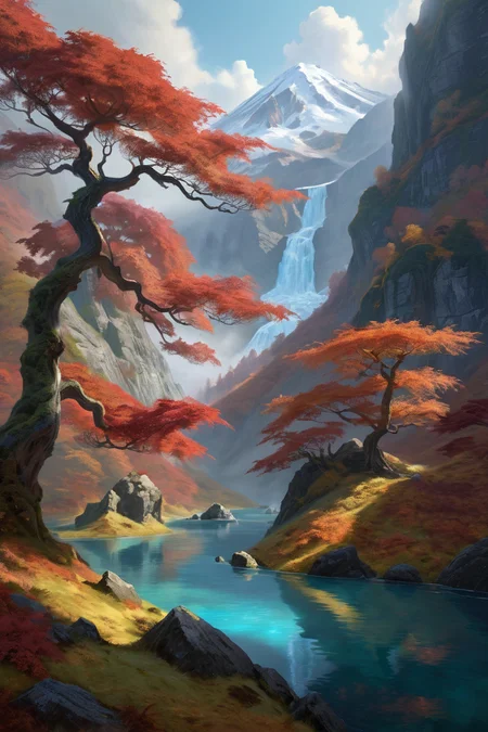 Japanese maple gorge where autumn fires cascade down volcanic slopes, frozen lake, midday,weather misty on the bed cinematic view, epic sky, detailed, concept art, medium angle, high detail, warm lighting, volumetric, godrays, vivid, beautiful, trending on artstation, by jordan grimmer, huge scene, grass,flower, art greg rutkowski,