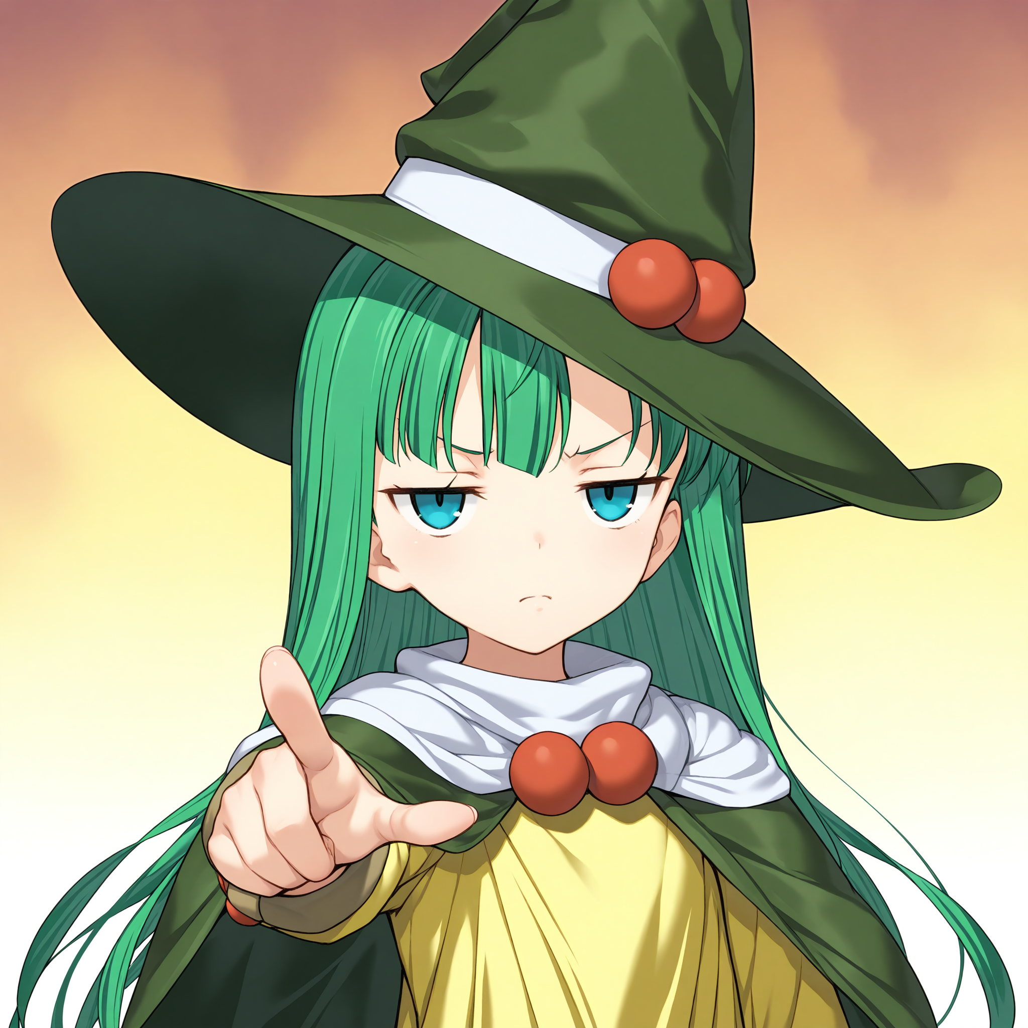 <lora:small_shizuka_1_nai-000053:1>,small shizuka,
witch hat,green headwear,green cape,yellow dress,white scarf,
1girl,solo,angry,looking at viewer,pointing at viewer,front view,disdain,contempt,jitome,closed mouth,
