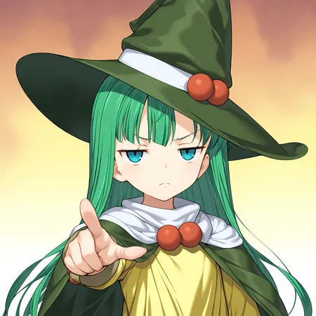 <lora:small_shizuka_1_nai-000053:1>,small shizuka,
witch hat,green headwear,green cape,yellow dress,white scarf,
1girl,solo,angry,looking at viewer,pointing at viewer,front view,disdain,contempt,jitome,closed mouth,