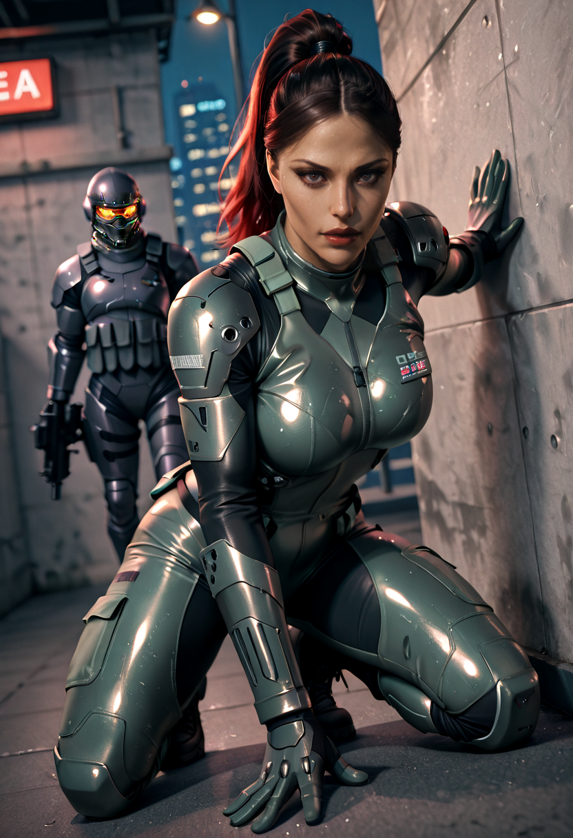 depth of field, focused subject, dynamic angle, masterpiece, best quality, detailed eyes, perfect eyes, realistic eyes,
30 yo woman, 1girl, (VERA:1.5), hair in ponytail, combat boots,  (silver combat suit:1.7), 
 extremally detailed and hyper-realistic cyberpunk illustration of close up of beautiful girl in a scifi city,  taking cover behind wall with her heavy gun in hands while evil robots search for her. (silver and black armored body suit:1.6). sci fi theme, best quality, soft light, sharp shadows, anime ink lines, full body shot, dynamic pose, blue and red color theme, science fiction vibes. (action shot:1.7), roof top, city skyline
<lora:reij-rt:0.55> <lora:Vera-000007:0.85>  <lora:comicbookpage style:0.75> <lora:g4n1m3XLP:0.6>