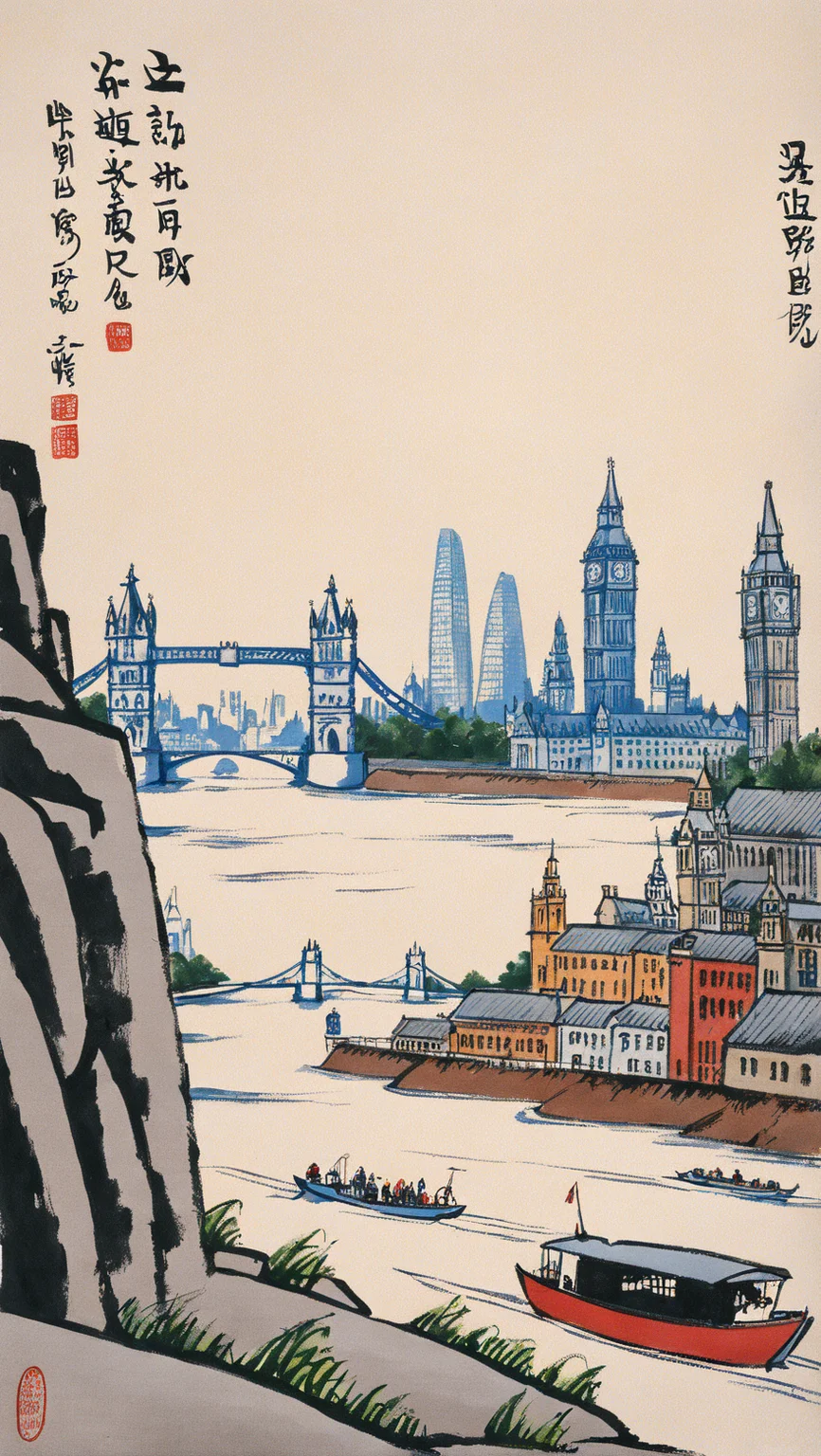 city view of london, river view, by Feng Zikai <lora:fengzikai_v1.0_XL:1>