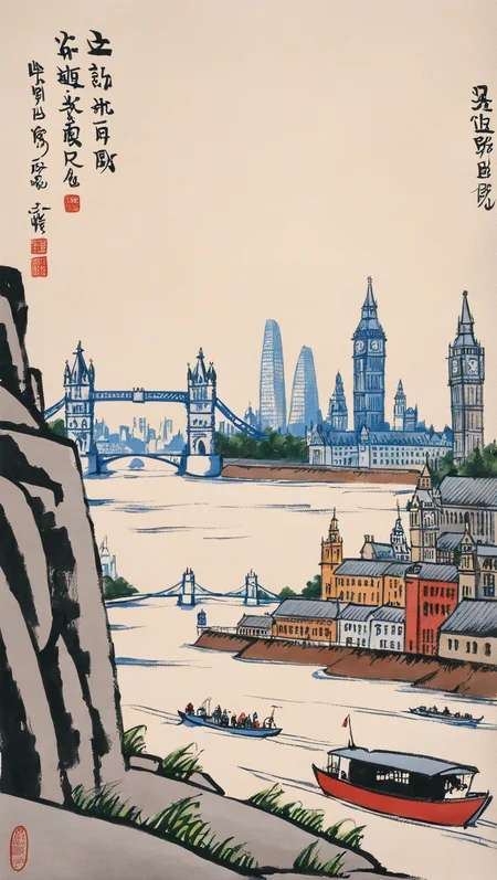 city view of london, river view, by Feng Zikai <lora:fengzikai_v1.0_XL:1>