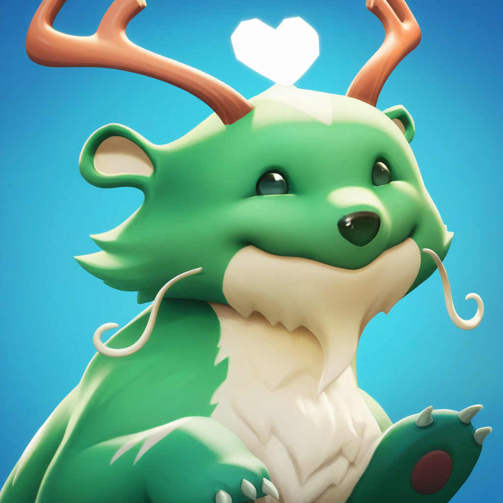 core_9, score_8_up, score_7_up, masterpiece, best quality, highly detailed, realistic, ReindogMV, 1boy, solo, furry, feral, canine, reindeer, hybrid, antlers, floating heart, black eyes, black nose, white inner ear, white whiskers, green body, green fur, white body, white fur, (waving), 3 fingers, claws, upper body, smile, closed mouth, looking at viewer, blue background, detailed background