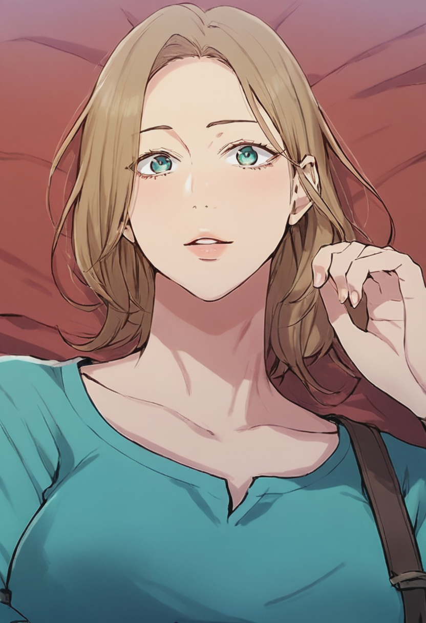 source_anime, score_9, score_8_up, score_7_up, 1girl, mature_female, large_breasts, open eyes, portrait, solo, Lying with one arm over the eyes, rotated, (Turquoise tunic), Golden Brown hair, upper_body, rating_safe, <lora:pony\artist_styles\minachan_pony:0.9>