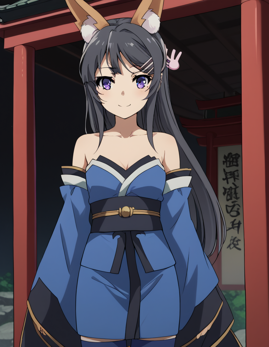 score_9, score_8_up, score_7_up, source_anime, maisakurajima, <lora:mai-sakurajima-s1-ponyxl-lora-nochekaiser:1> mai sakurajima, long hair, bangs, black hair, hair ornament, purple eyes, hairclip, rabbit hair ornament,, <lora:tamamo-no-mae-cosplay-ponyxl-lora-nochekaiser:1>, tamamonomaecosplay, tamamo no mae \(cosplay\), animal ears, bare shoulders, blue kimono, blue thighhighs, detached sleeves, fox ears, fox tail, japanese clothes, kimono, obi, sash, collarbone, thighhighs, wide sleeves,, shrine, smile, blush,, cowboy shot, dutch angle, solo,