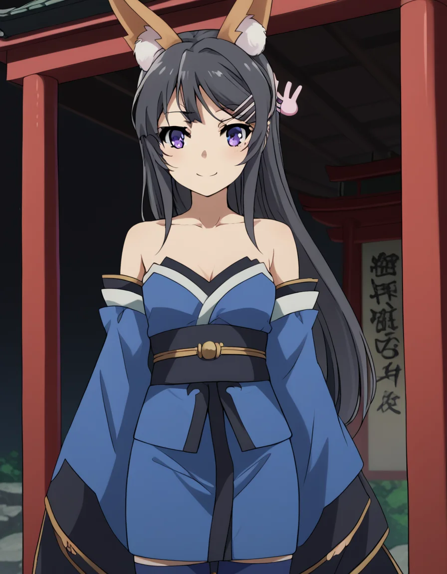 score_9, score_8_up, score_7_up, source_anime, maisakurajima, <lora:mai-sakurajima-s1-ponyxl-lora-nochekaiser:1> mai sakurajima, long hair, bangs, black hair, hair ornament, purple eyes, hairclip, rabbit hair ornament,, <lora:tamamo-no-mae-cosplay-ponyxl-lora-nochekaiser:1>, tamamonomaecosplay, tamamo no mae \(cosplay\), animal ears, bare shoulders, blue kimono, blue thighhighs, detached sleeves, fox ears, fox tail, japanese clothes, kimono, obi, sash, collarbone, thighhighs, wide sleeves,, shrine, smile, blush,, cowboy shot, dutch angle, solo,