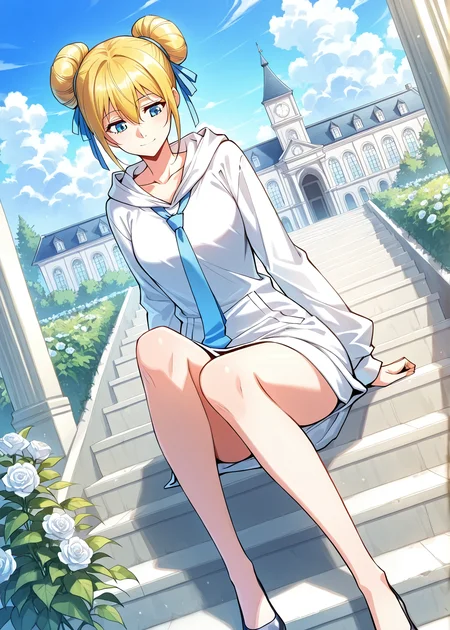 <lora:Meng_Wu:1>
1 girl, solo, blue eyes, blonde hair
white dress, ribbon, hair ribbon, blue ribbon, blue necktie, short hair, hair bun, single hair bun, double bun, white hoodie, hair between eyes, collarbone, white sleeves, long sleeves
score_9, score_8_up, score_7_up, very aesthetic, source_anime, detailed, high quality, beautiful, masterpiece, detailed eyes, mansion, plants, flowers, clouds, light smile, dynamic angle, full body, sitting on stairs