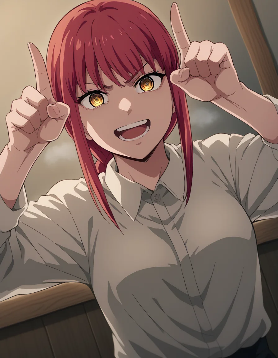 score_9, score_8_up, score_7_up, source_anime, makima, <lora:chainsaw-man-makima-s1-ponyxl-lora-nochekaiser:1> makima, long hair, smile, bangs, yellow eyes, braid, red hair, braided ponytail, ringed eyes,, <lora:horns-pose-ponyxl-lora-nochekaiser:1>, horns pose, index fingers raised, angry, steam, open mouth, shouting, anger vein,, indoors,, cowboy shot, dutch angle, looking at viewer,