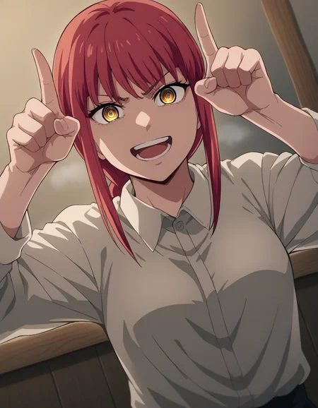 score_9, score_8_up, score_7_up, source_anime, makima, <lora:chainsaw-man-makima-s1-ponyxl-lora-nochekaiser:1> makima, long hair, smile, bangs, yellow eyes, braid, red hair, braided ponytail, ringed eyes,, <lora:horns-pose-ponyxl-lora-nochekaiser:1>, horns pose, index fingers raised, angry, steam, open mouth, shouting, anger vein,, indoors,, cowboy shot, dutch angle, looking at viewer,